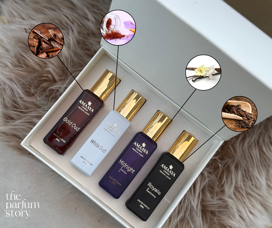 Amaya Complete Luxury Oud Perfume Box Set – Gold Oud, White Oud, Midnight Femme, Royale Homme
