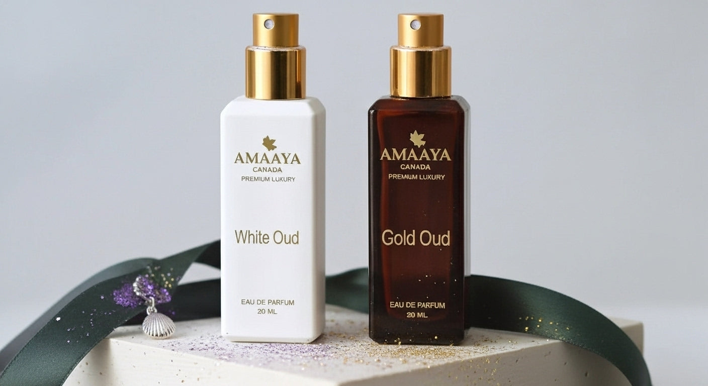 Spraying White Oud perfume by Amaya – elegant floral fragrance for women with long-lasting scent