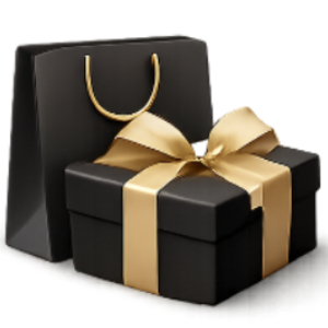 Black gift box with gold ribbon and a matching black shopping bag on a white background