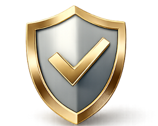 Gold shield emblem with a checkmark on a white background
